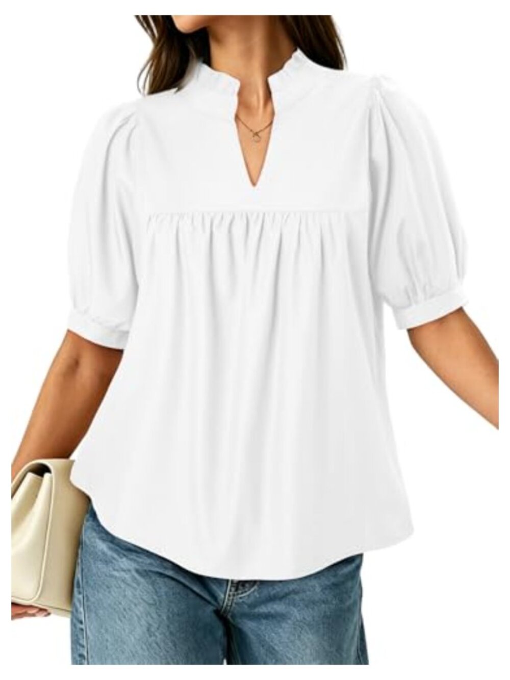 Womens Puff Sleeve V Neck Peplum Blouse Pleated Loose Fit Dressy Casual Top